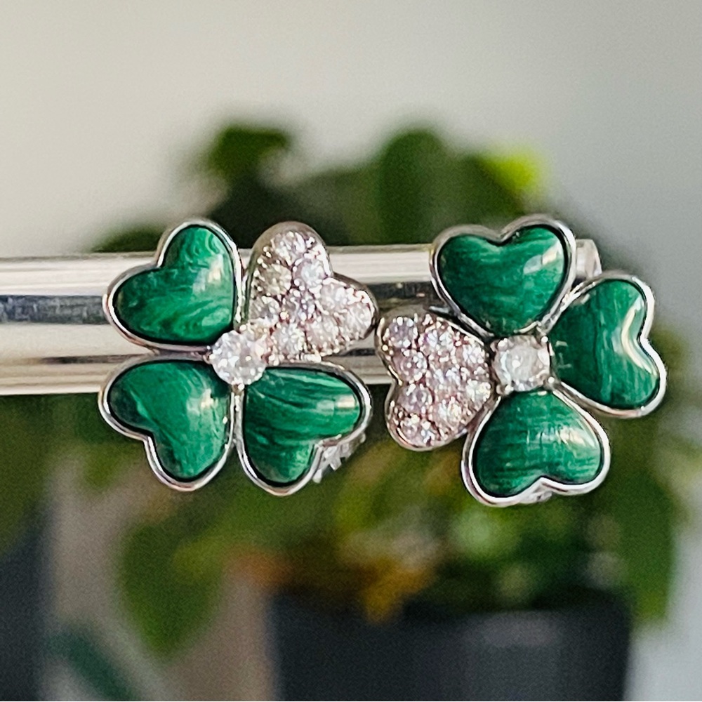 VCA Four Petal Pin Earrings Green Malachite Clear Crystals